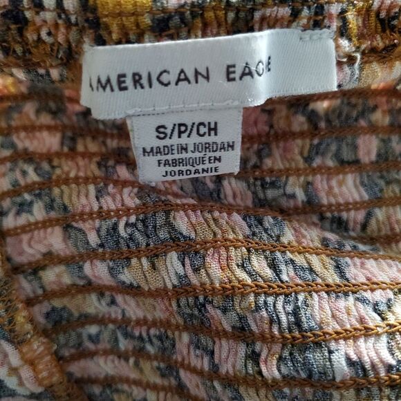 American Eagle Top Women's Small Orange Pink Smocked Crop Top Balloon Sleeve - Picture 7 of 7